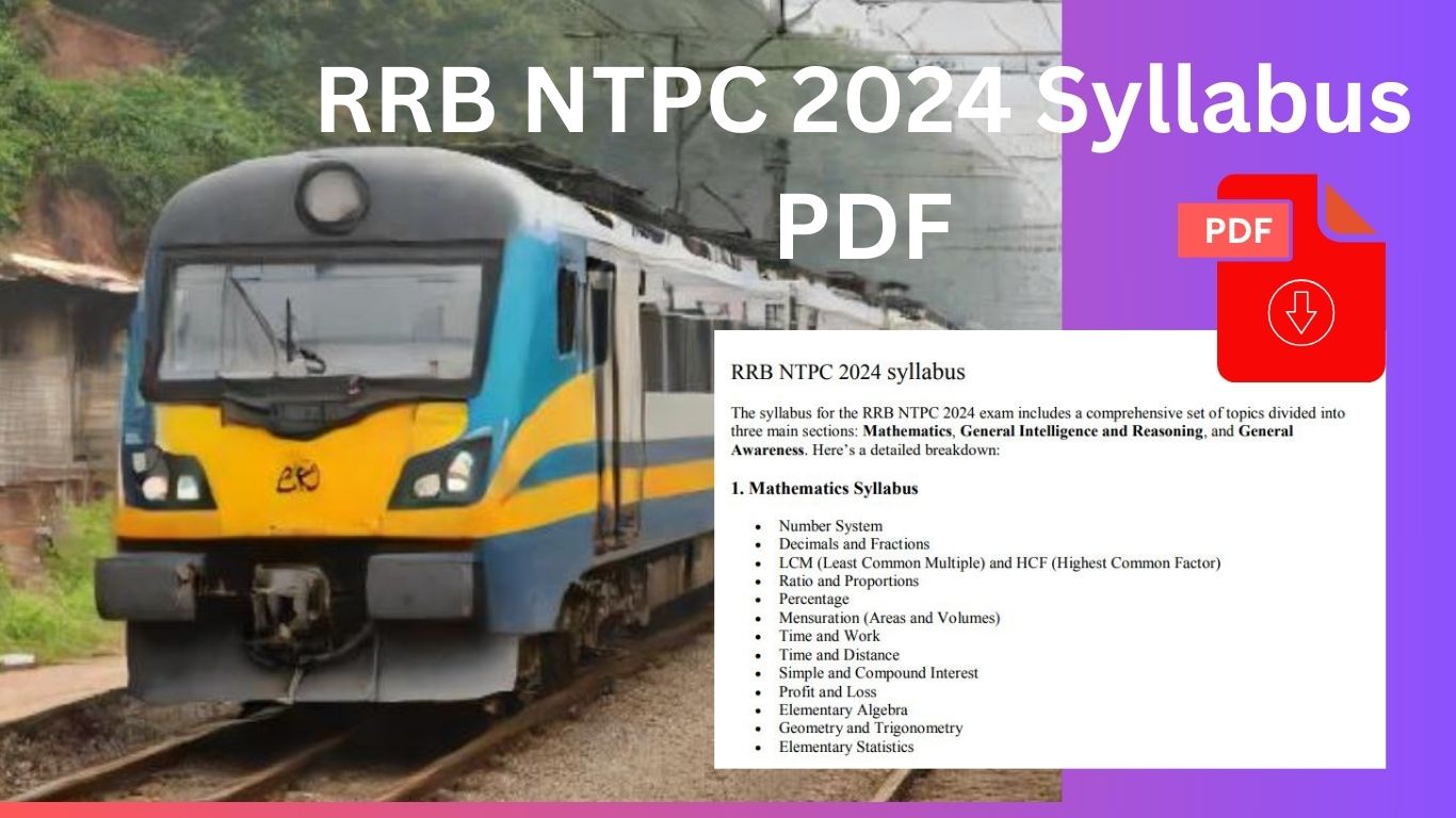 An image of a train with the RRB NTPC 2024 syllabus displayed beside it. The heading reads 'RRB NTPC 2024 Syllabus PDF,' showing essential details for exam preparation."