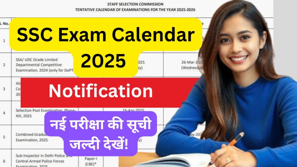 SSC Exam Calendar 2025 Notification इमेज जिसमें परीक्षा तिथियां, आवेदन की अंतिम तिथि और अन्य महत्वपूर्ण जानकारी दिखाई गई है।"