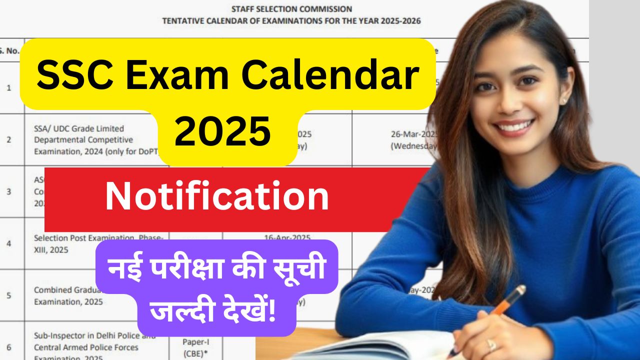 SSC Exam Calendar 2025 Notification इमेज जिसमें परीक्षा तिथियां, आवेदन की अंतिम तिथि और अन्य महत्वपूर्ण जानकारी दिखाई गई है।"
