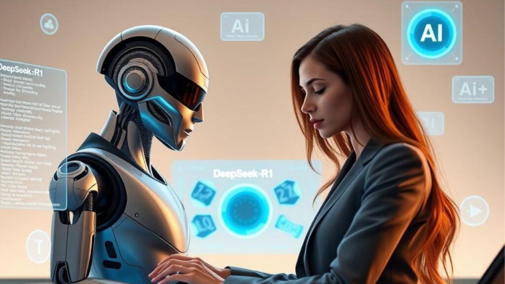 **Alt text:**
"DeepSeek AI मॉडल एक भविष्यवादी ह्यूमैनॉइड रोबोट के साथ खड़ा है, एक उच्च-प्रौद्योगिकी अनुसंधान वातावरण में, जो उन्नत कृत्रिम बुद्धिमत्ता की क्षमता को उद्योगों को बदलने के लिए दर्शाता है।"