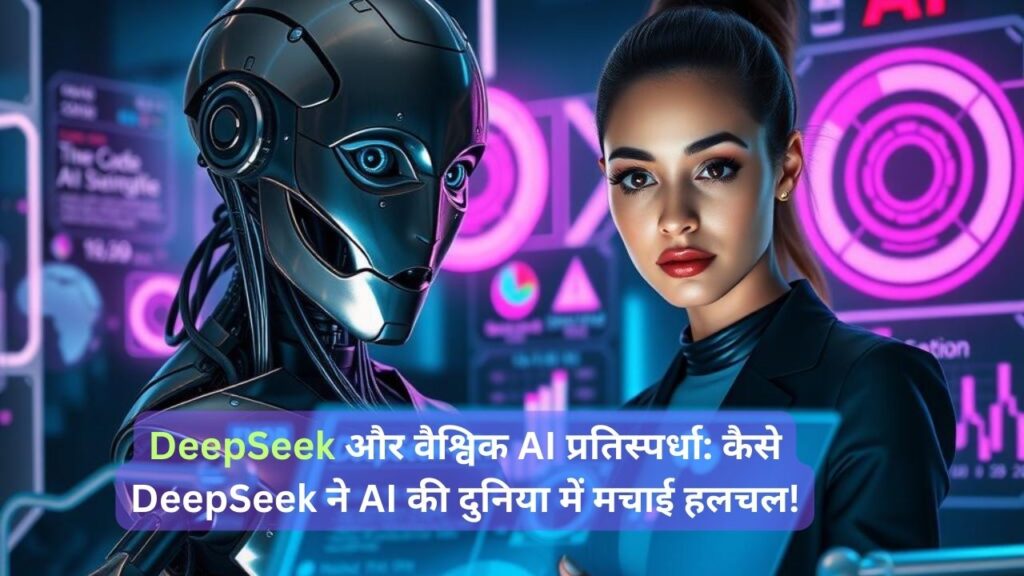 DeepSeek AI मॉडल और एक AI रोबोट के साथ खड़ी महिला, जो AI की दुनिया में हलचल मचाने के लिए तैयार है।