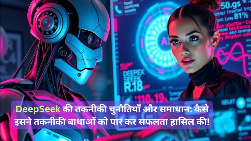 **Alt Text:**  
"DeepSeek AI मॉडल और एक रोबोट के साथ खड़ी महिला, जो तकनीकी चुनौतियों और समाधान पर चर्चा कर रही है।"