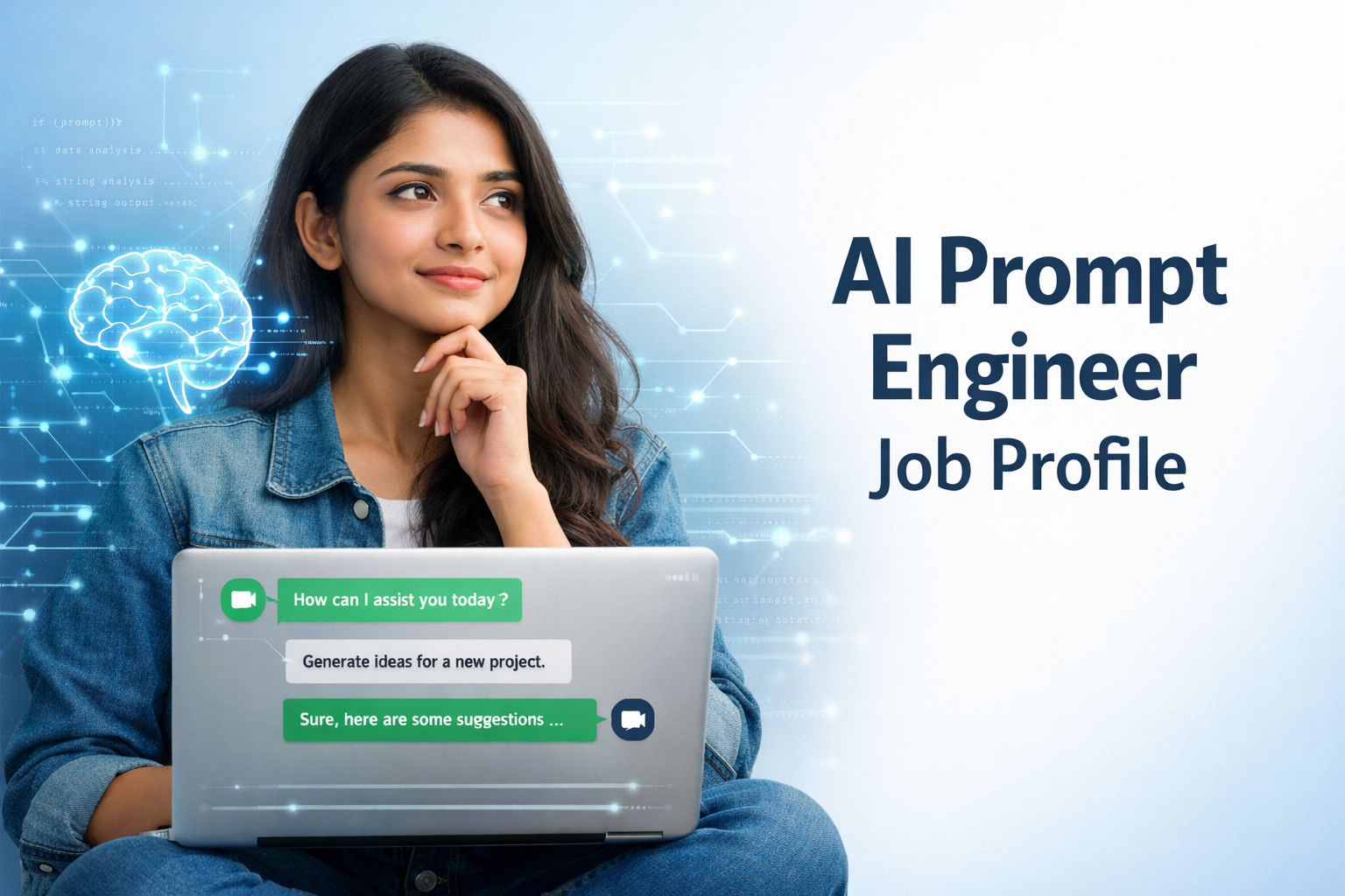 AI Prompt Engineer Job Profile image with Indian girl using laptop and AI chat interface
