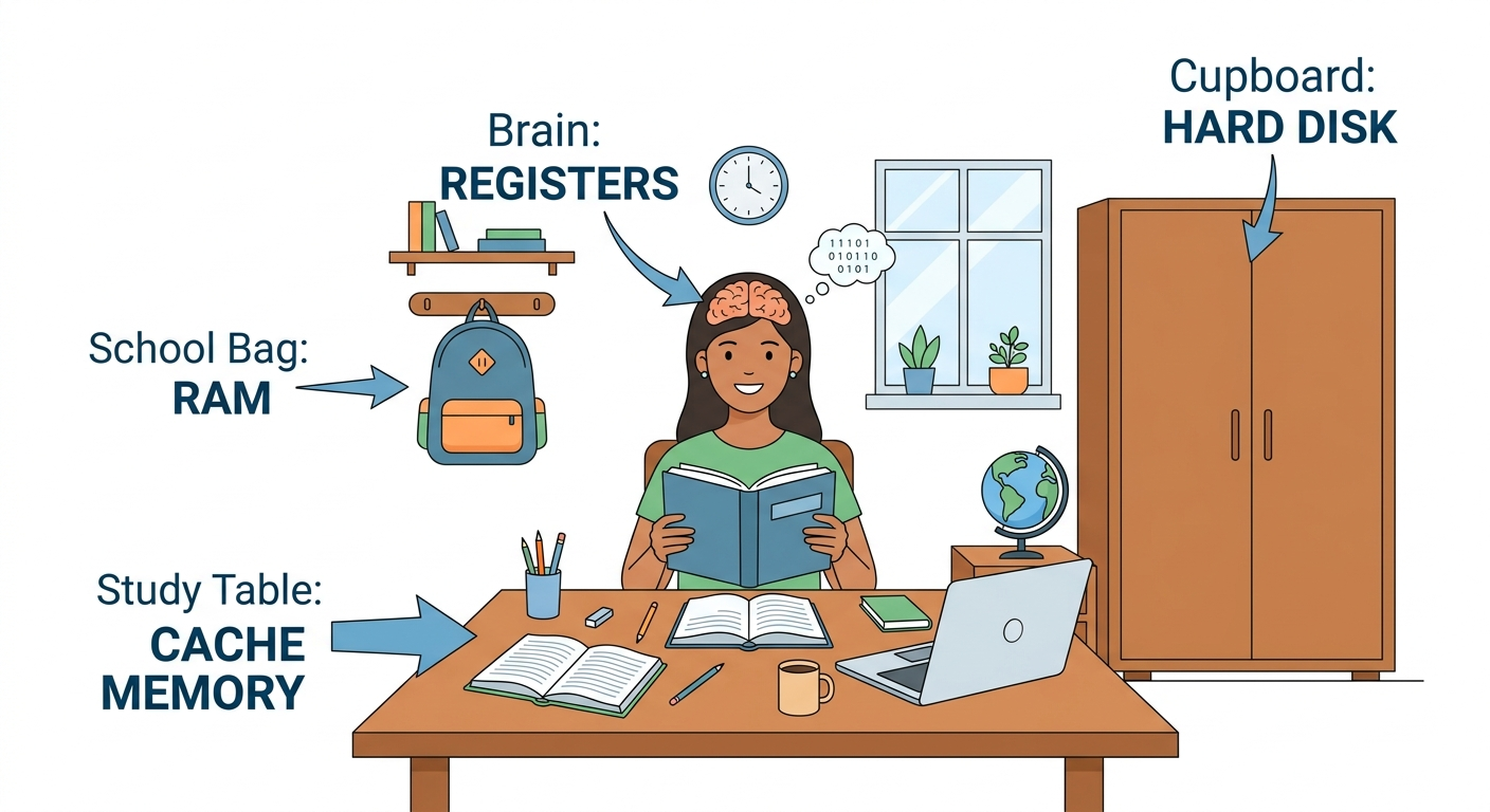 Computer memory hierarchy trick real life example brain table bag storage analogy