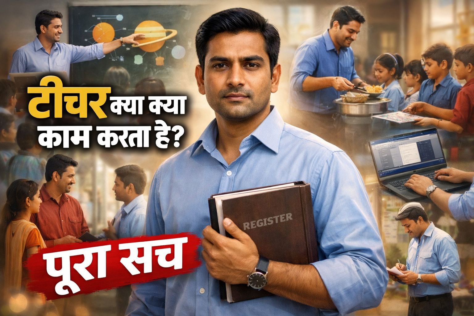 भारतीय शिक्षक अलग-अलग काम करते हुए जैसे ब्लैकबोर्ड पर पढ़ाना, लैपटॉप पर काम करना, बच्चों को खाना देना और माता-पिता से चर्चा करना