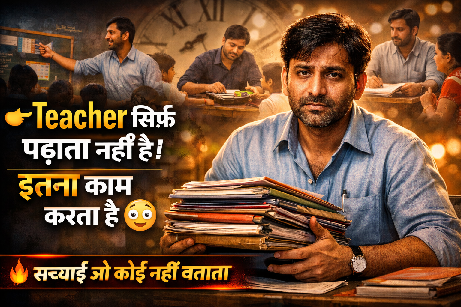 भारतीय शिक्षक कई फाइल्स के साथ तनाव में बैठा हुआ, पीछे अलग-अलग कार्य करते हुए जैसे पढ़ाना, मिड-डे मील देना, डेटा एंट्री करना और अभिभावकों से बात करना