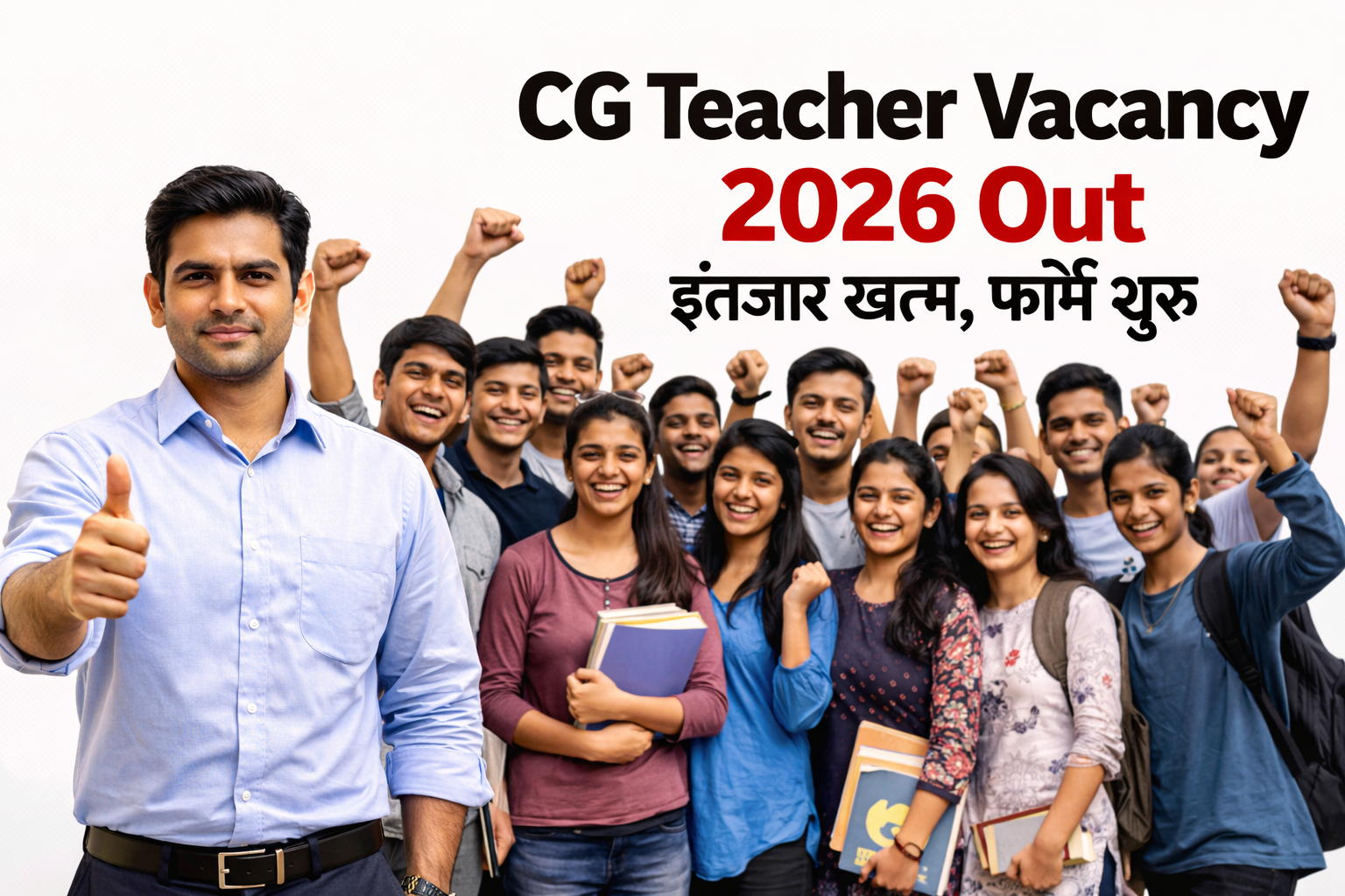 CG Teacher Vacancy 2026 announcement with teacher and competitive exam students celebrating