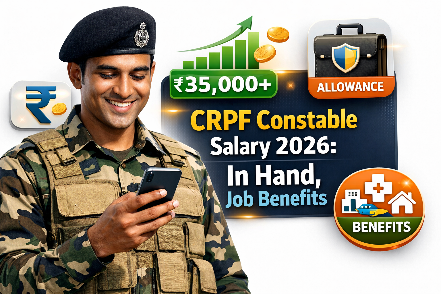 CRPF Constable Salary 2026 In Hand Job Benefits constable holding salary slip infographic