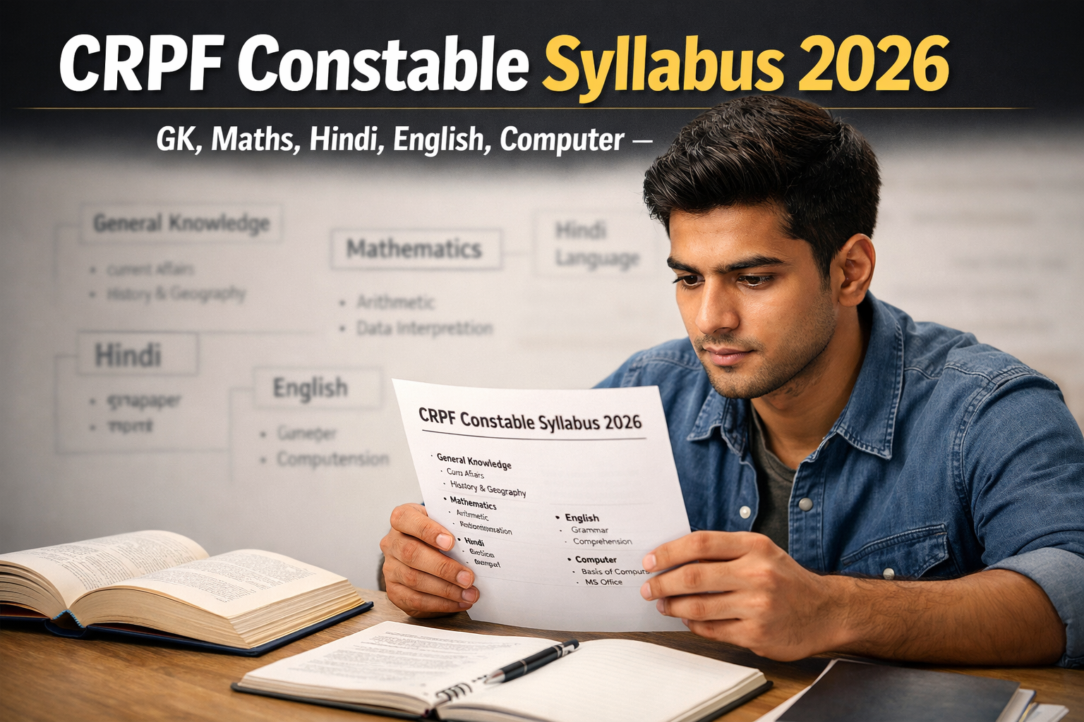 CRPF Constable Syllabus 2026 padhte hue Indian male candidate study table par GK Maths Hindi English Computer subjects ke sath