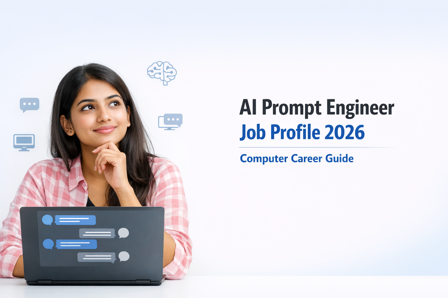 Indian girl student thinking about AI Prompt Engineer career while using laptop with AI chat interface