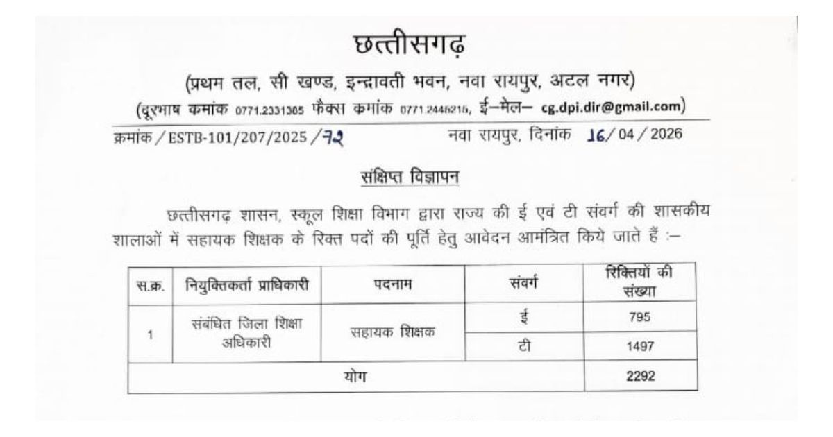 Chhattisgarh Assistant Teacher Vacancy 2026 official notification PDF image