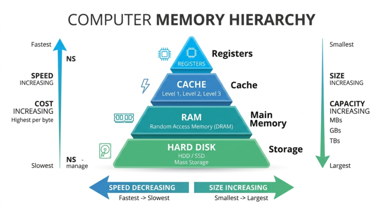 Computer Memory Hierarchy Trick diagram with registers cache RAM hard disk levels