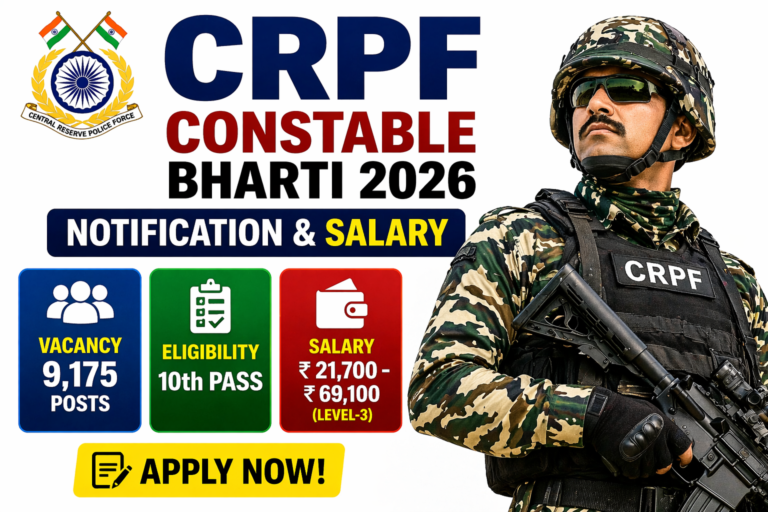 CRPF Constable Bharti 2026 Notification & Salary infographic with soldier and vacancy details