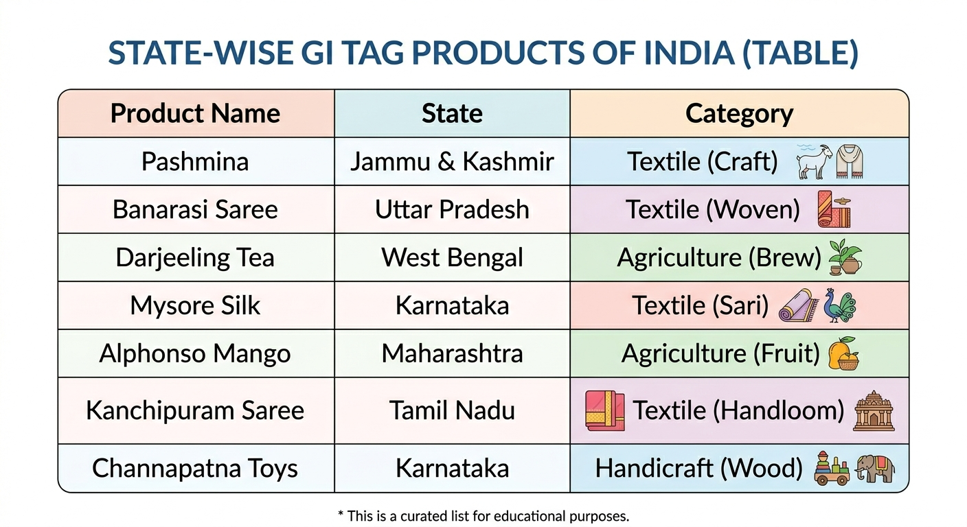 GI Tag India list state wise chart