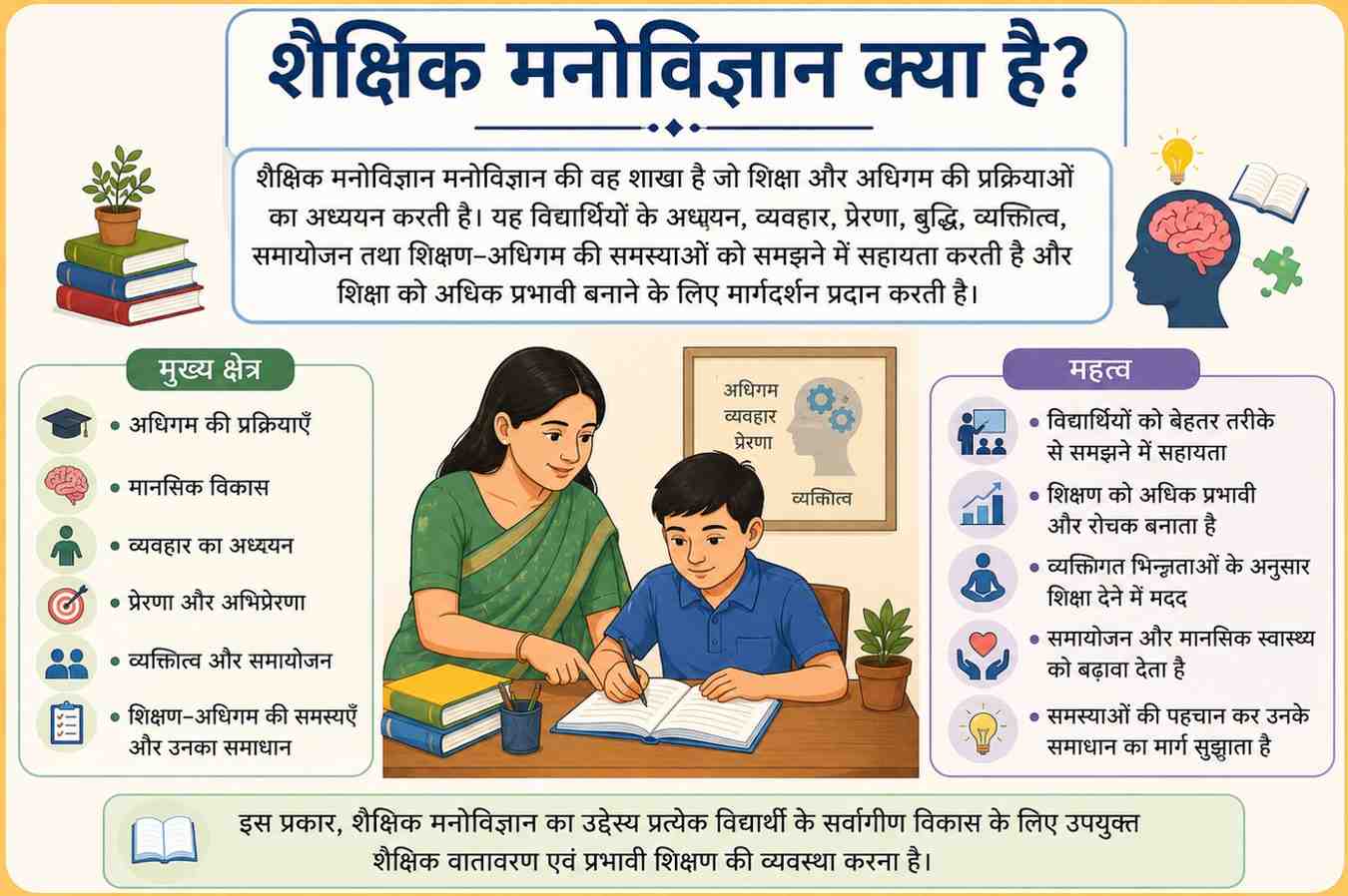 शैक्षिक मनोविज्ञान पर हिंदी इन्फोग्राफिक जिसमें शिक्षक और छात्र पढ़ाई करते हुए दिखाए गए हैं।