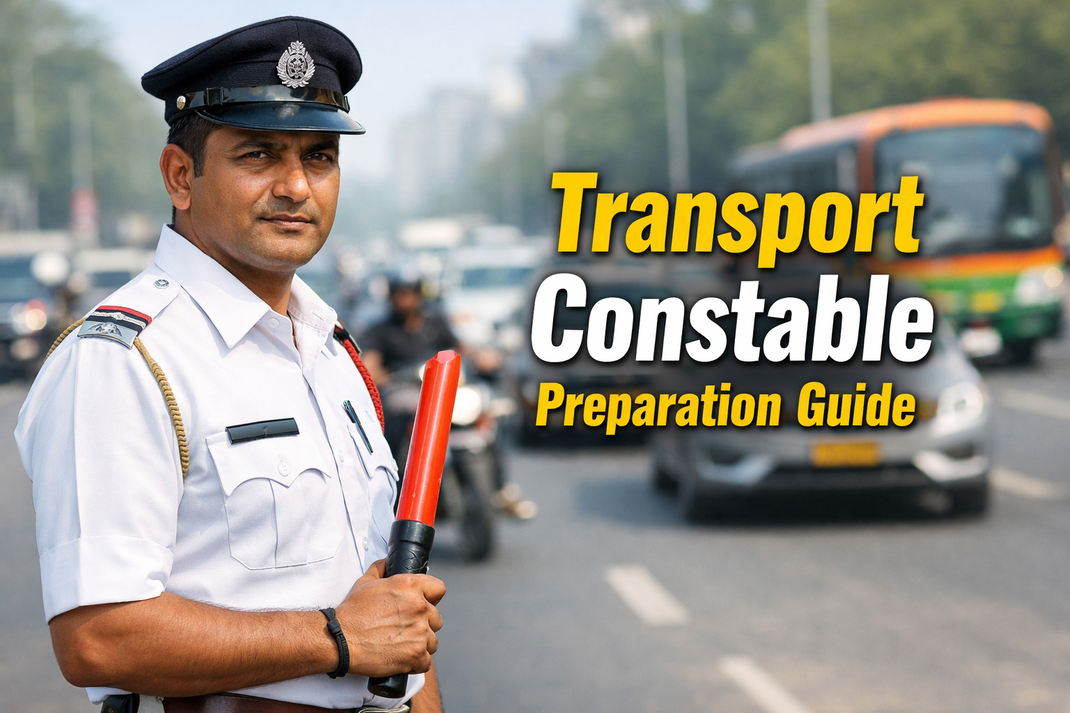 Indian traffic constable standing on road with vehicles and Transport Constable Preparation Guide text