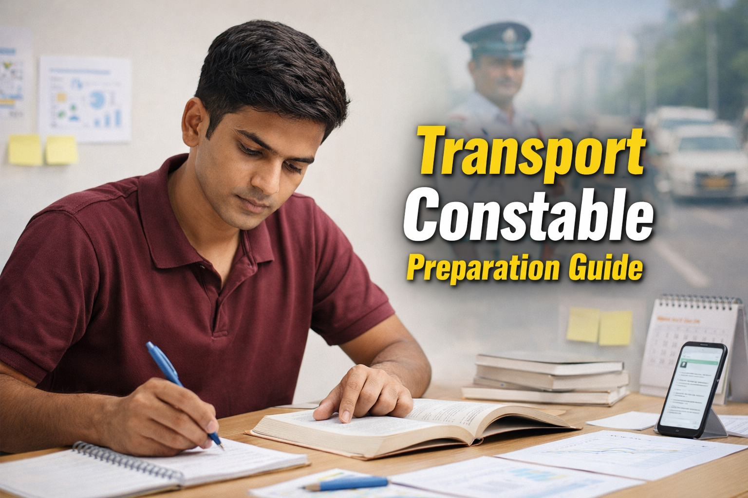 Indian traffic constable standing on road with vehicles and Transport Constable Preparation Guide text