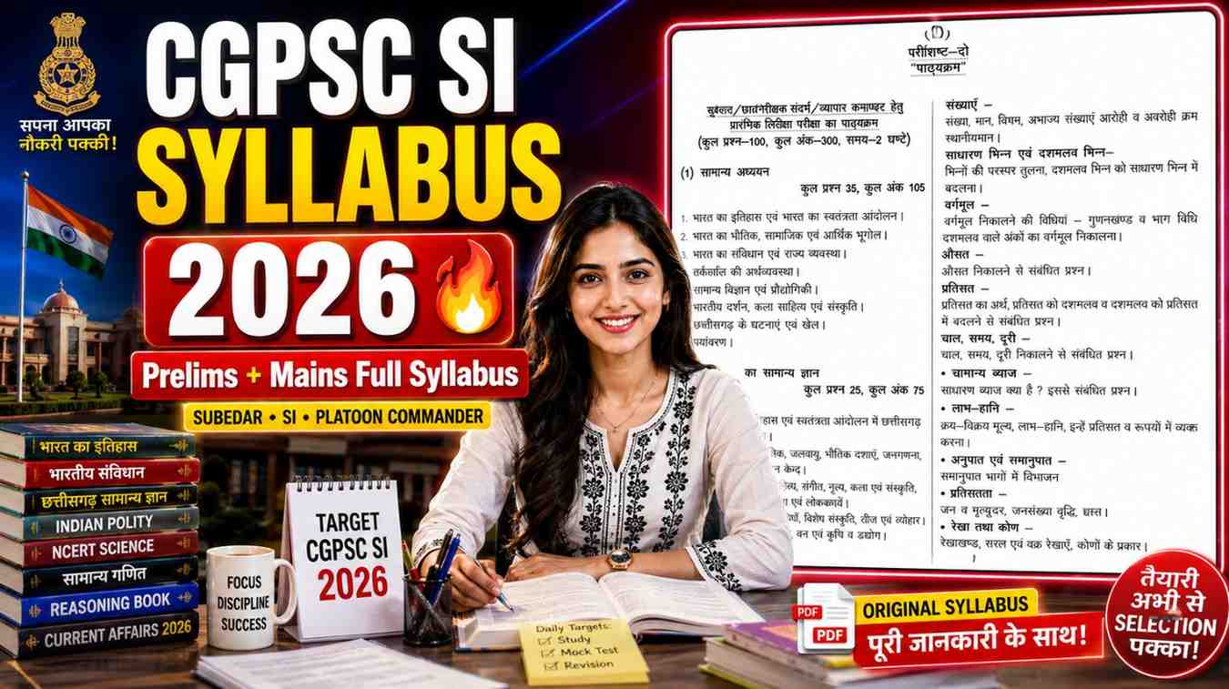 CGPSC SI Syllabus 2026 thumbnail with Indian student and original prelims mains syllabus PDF image