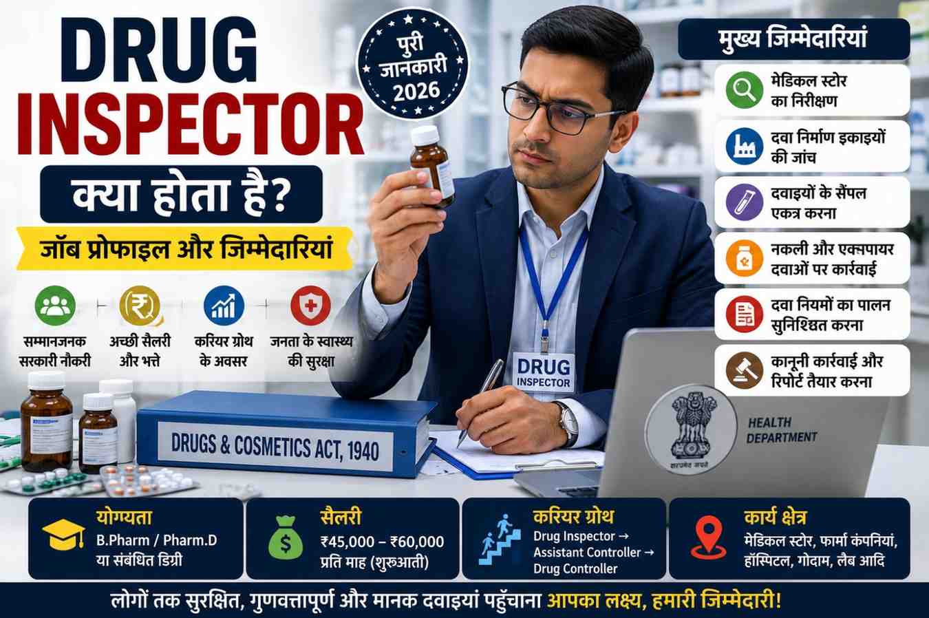 Drug Inspector क्या होता है और उसकी जॉब प्रोफाइल, जिम्मेदारियां, योग्यता एवं सैलरी को दर्शाती इन्फोग्राफिक इमेज।
