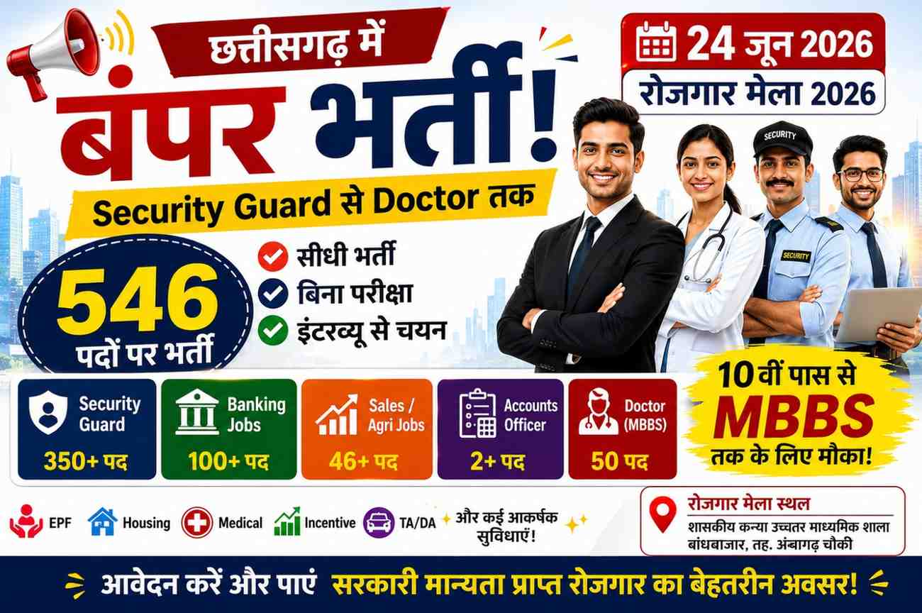 छत्तीसगढ़ रोजगार मेला 2026 में 546 पदों पर भर्ती का प्रचार पोस्टर
