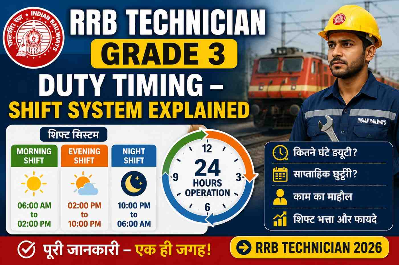 RRB Technician Grade 3 की ड्यूटी टाइमिंग और मॉर्निंग, इवनिंग, नाइट शिफ्ट सिस्टम को दर्शाता हुआ इन्फोग्राफिक।